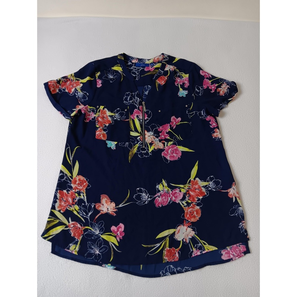 APT.9 Blue Tunic Blouse Womens M Floral V-Neck Short Sleeve Zipper Studded